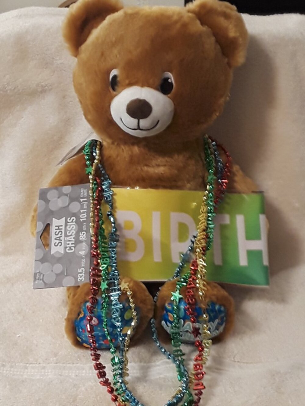Bundle: Build A Bear Birthday Treat Plush Brown Bear + 4 Necklaces + 1 Bday Sash